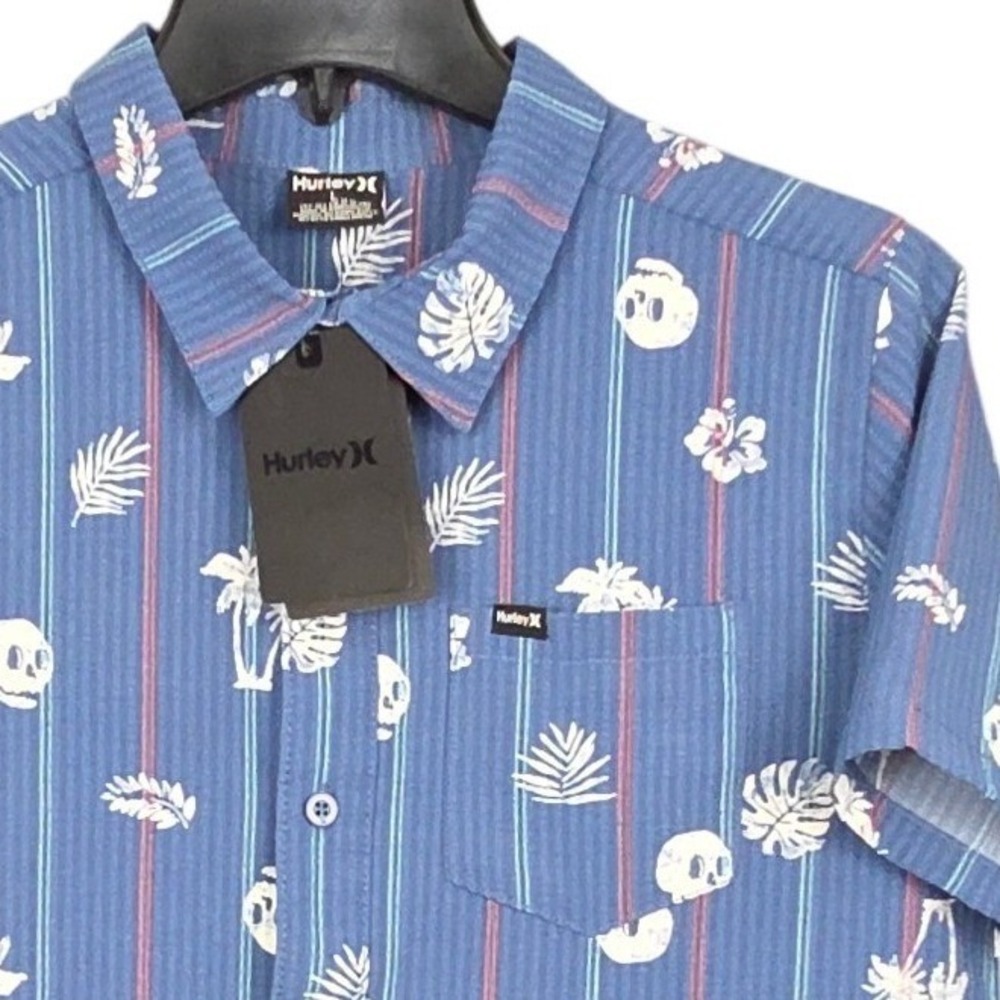 Hurley Button Down Shirt Boys Large Blue Skull Palm Print‎ Short Sleeve NWT